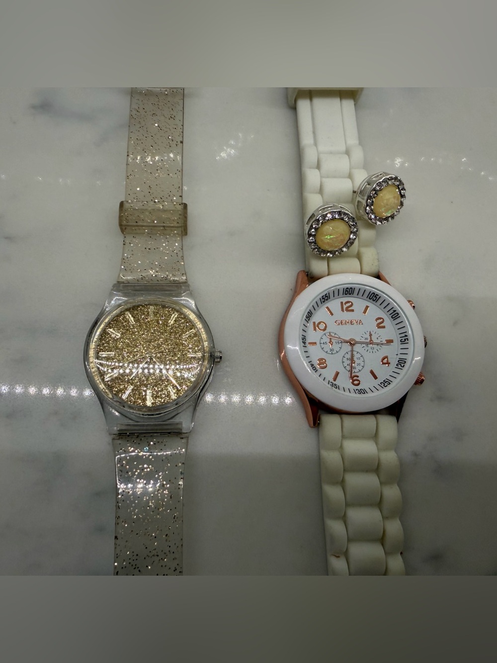 2 Watches-white silicone, glitter and faux opal earrings